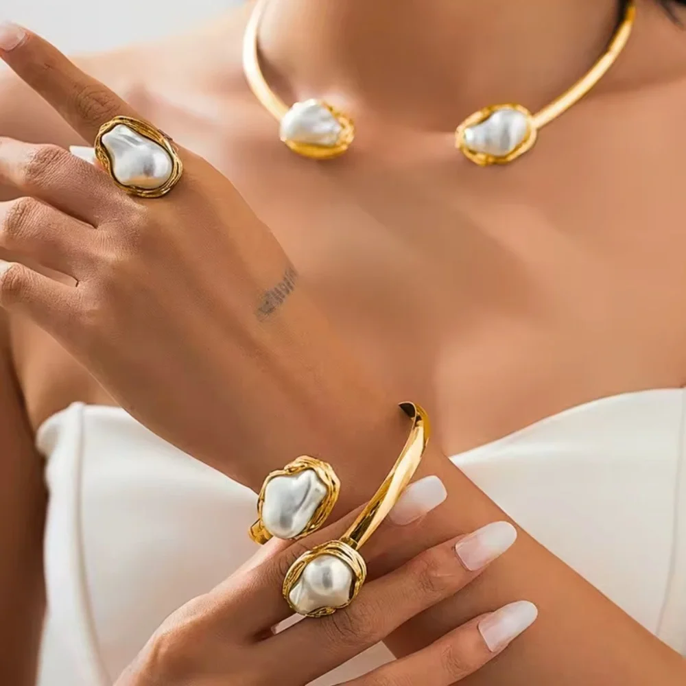 Anthropologie Baroque Imitation Pearl Bracelet & Ring Set